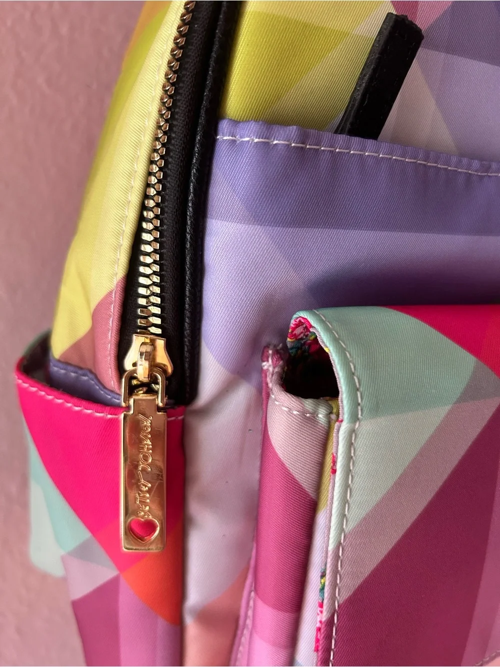 Multicolor Geometric Betsey Johnson Backpack with Gold Bow Accent NWT